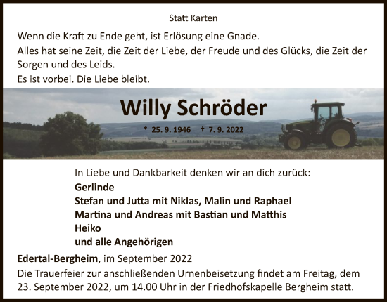 Traueranzeige von Willy Schröder von WLZ