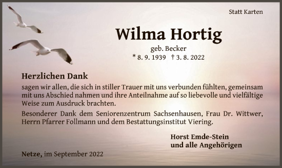 Traueranzeige von Wilma Hortig von WLZ