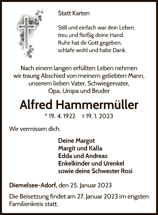 Traueranzeige von Alfred Hammermüller von WLZ
