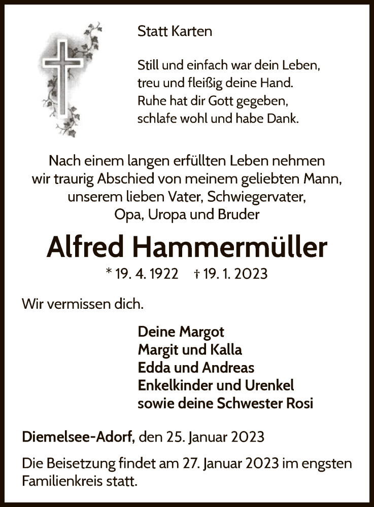  Traueranzeige für Alfred Hammermüller vom 25.01.2023 aus WLZ