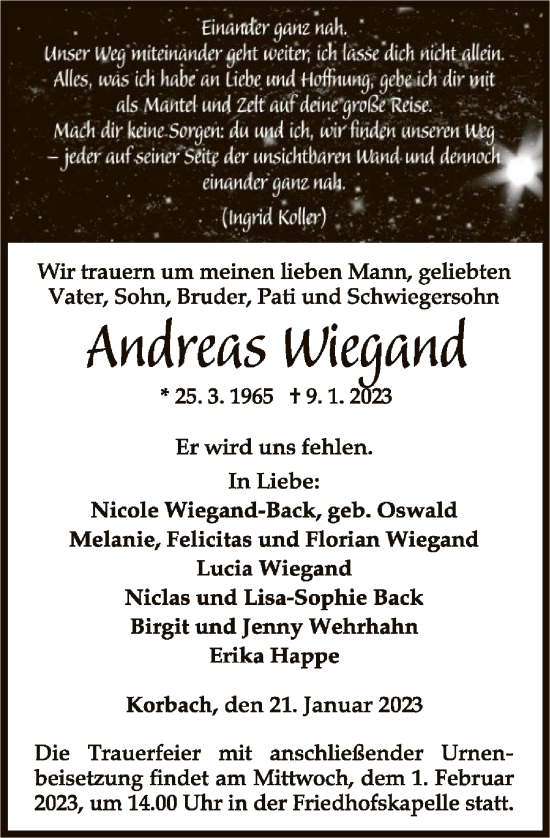 Traueranzeige von Andreas Wiegand von WLZ