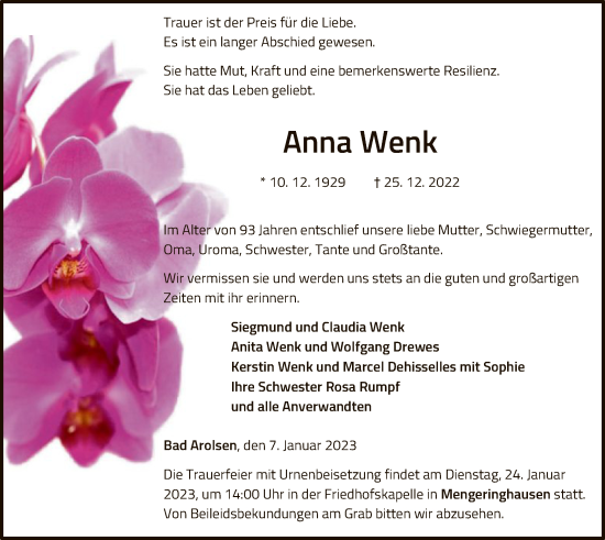 Traueranzeige von Anna Wenk von WLZ