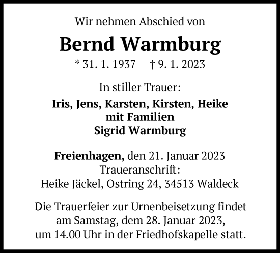 Traueranzeige von Bernd Warmburg von WLZ