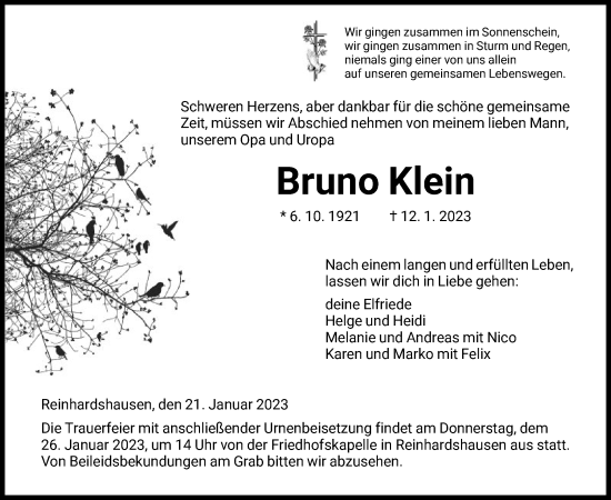 Traueranzeige von Bruno Klein von HNA