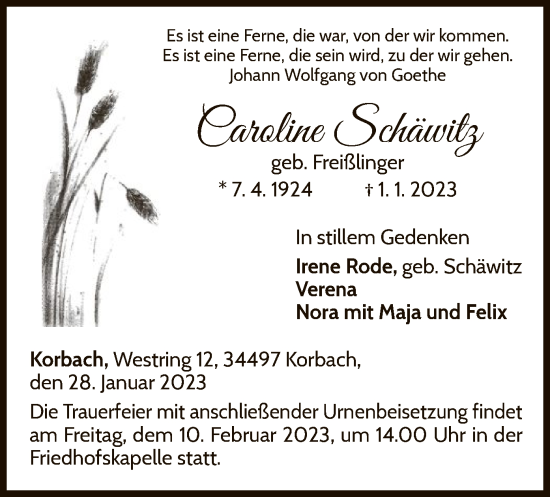 Traueranzeige von Caroline Schäwitz von WLZ