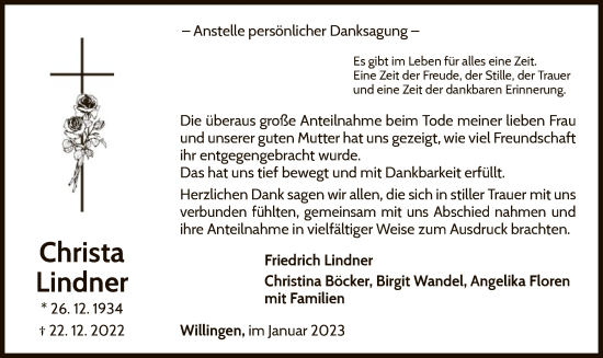 Traueranzeige von Christa Lindner von WLZ