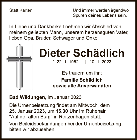 Traueranzeige von Dieter Schädlich von WLZ
