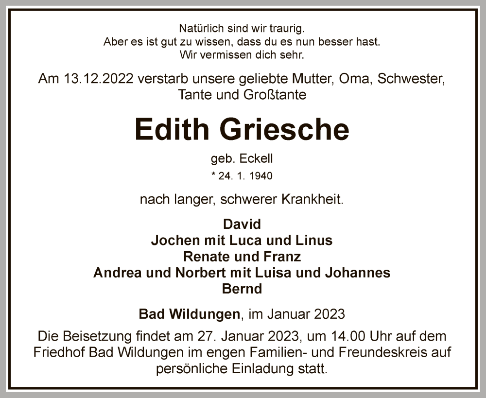  Traueranzeige für Edith Griesche vom 21.01.2023 aus WLZ