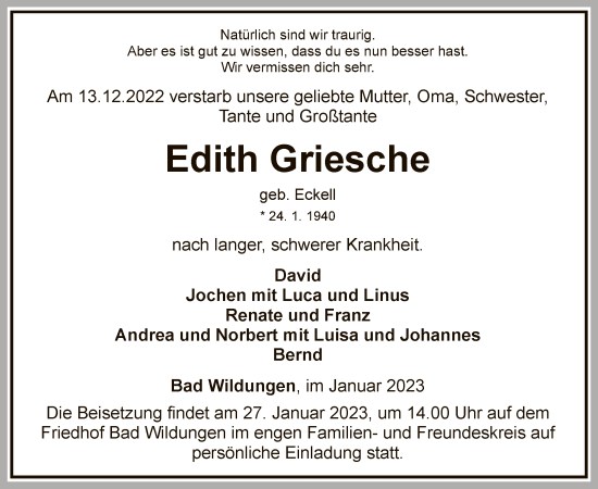 Traueranzeige von Edith Griesche von WLZ