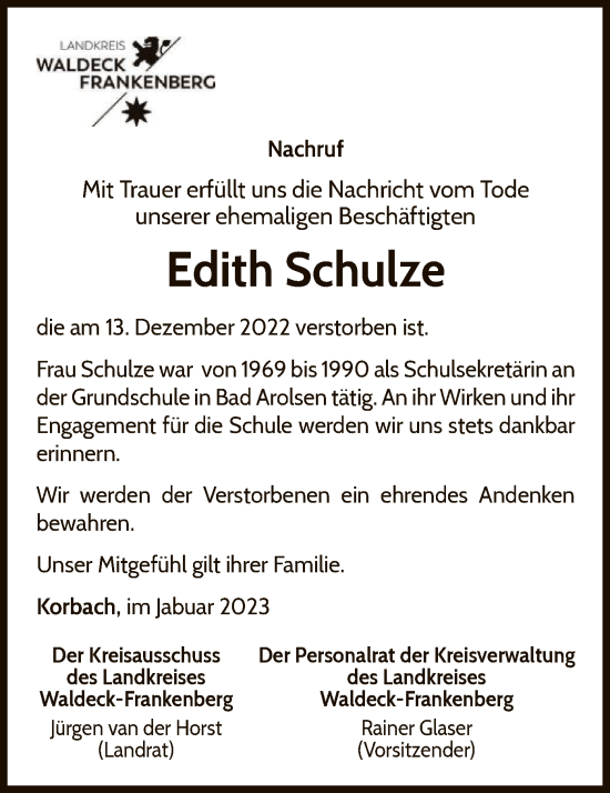 Traueranzeige von Edith Schulze von WLZ