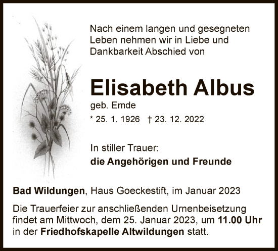 Traueranzeige von Elisabeth Albus von WLZ