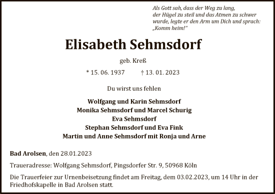 Traueranzeige von Elisabeth Sehmsdorf von WLZ