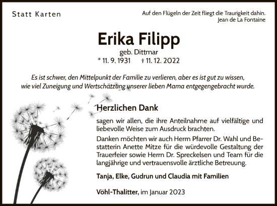 Traueranzeige von Erika Filipp von WLZ