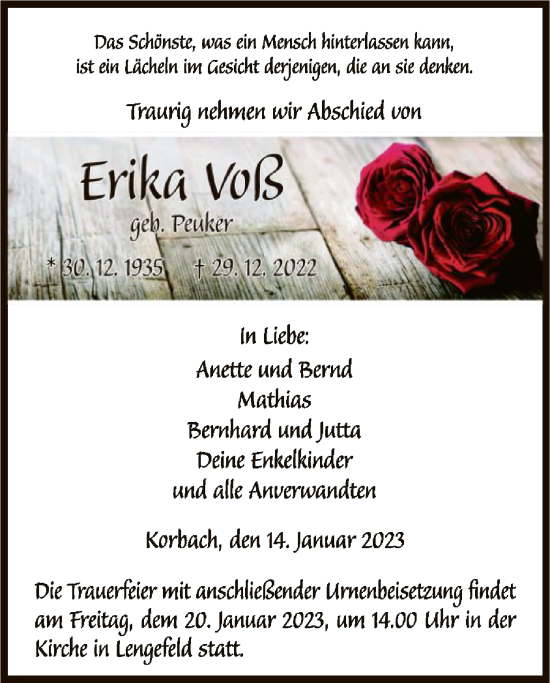 Traueranzeige von Erika Voß von WLZ