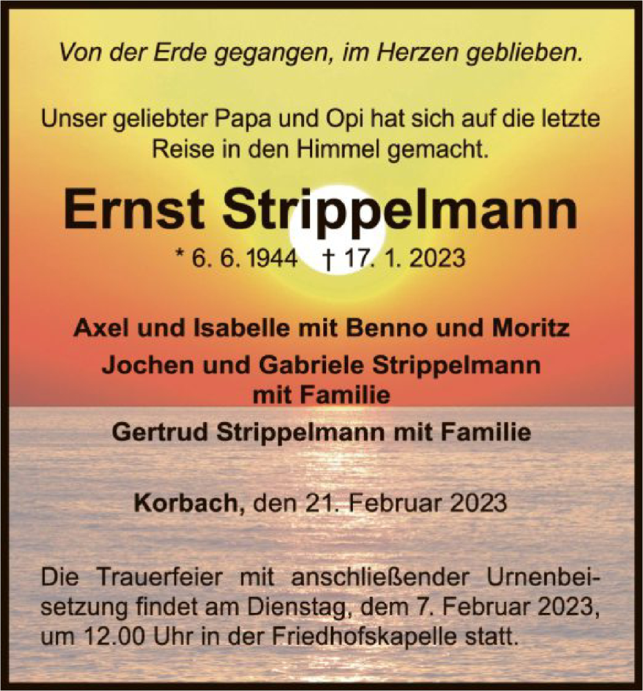  Traueranzeige für Ernst Strippelmann vom 21.01.2023 aus WLZ