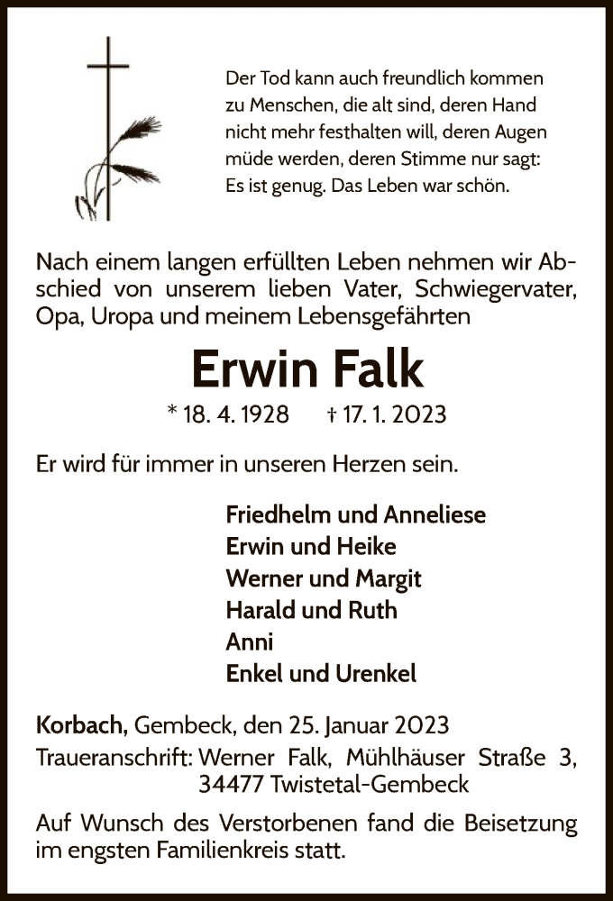  Traueranzeige für Erwin Falk vom 25.01.2023 aus WLZ