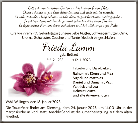 Traueranzeige von Frieda Lamm von WLZ