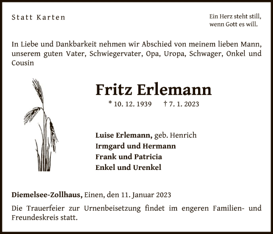 Traueranzeige von Fritz Erlemann von WLZ