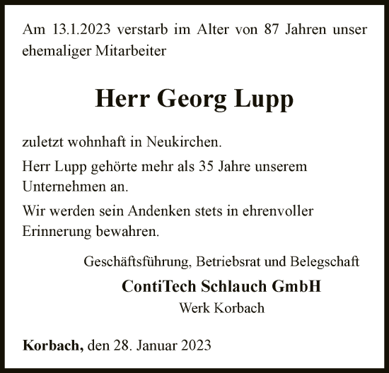 Traueranzeige von Georg Lupp von WLZ