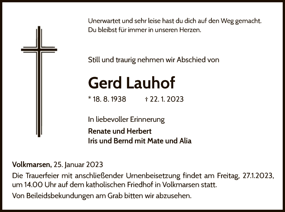  Traueranzeige für Gerd Lauhof vom 25.01.2023 aus WLZ