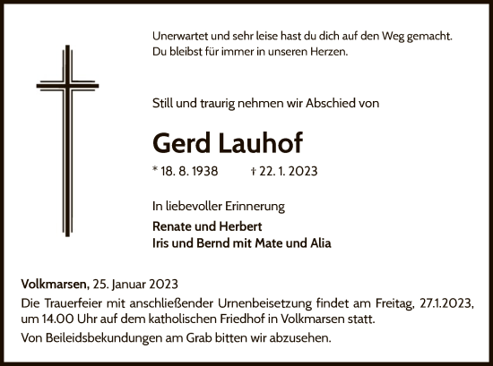 Traueranzeige von Gerd Lauhof von WLZ