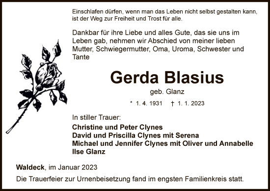 Traueranzeige von Gerda Blasius von WLZ