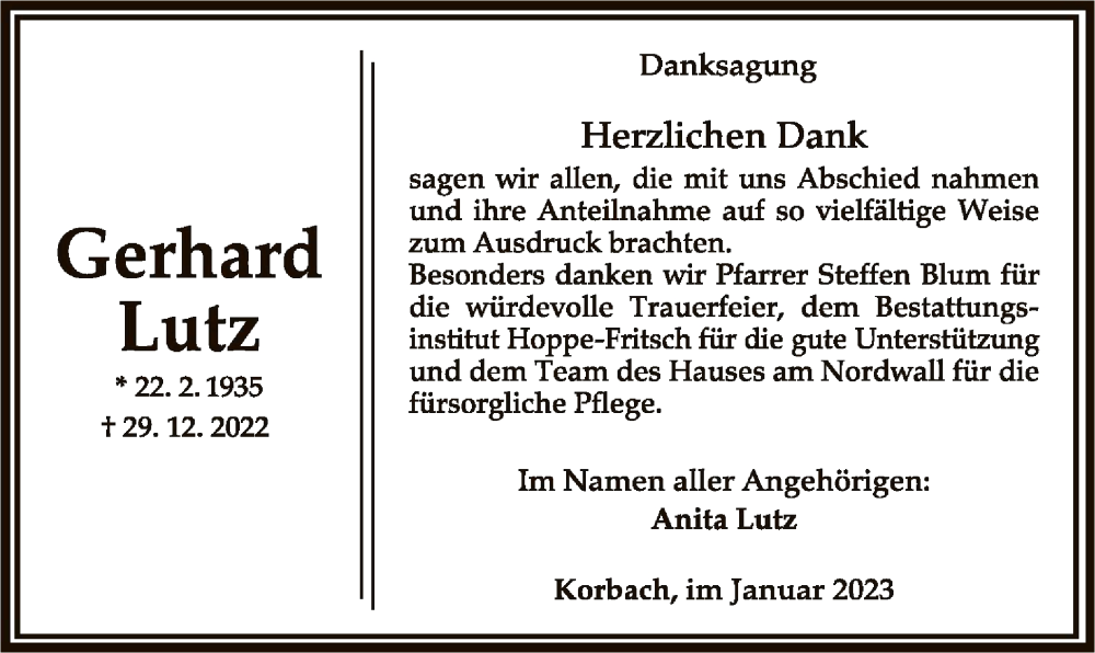  Traueranzeige für Gerhard Lutz vom 28.01.2023 aus WLZ