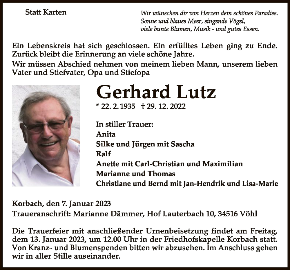 Traueranzeige für Gerhard Lutz vom 07.01.2023 aus WLZ