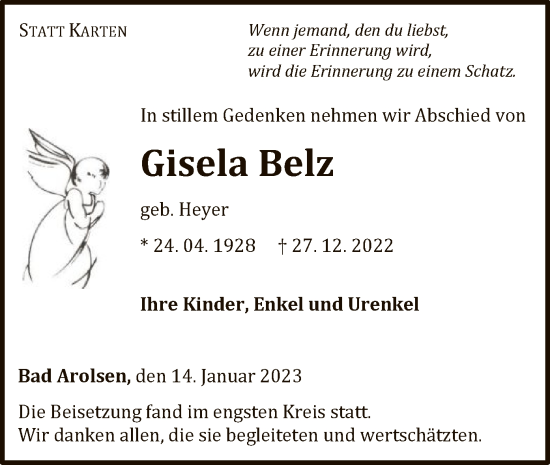 Traueranzeige von Gisela Belz von WLZ