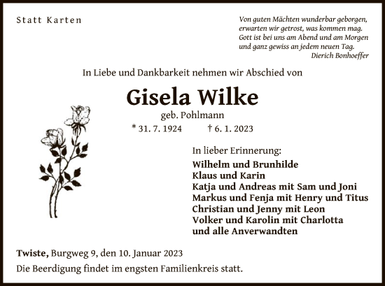 Traueranzeige von Gisela Wilke von WLZ