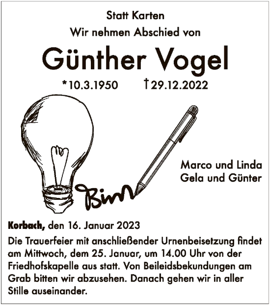 Traueranzeige von Günther Vogel von WLZ