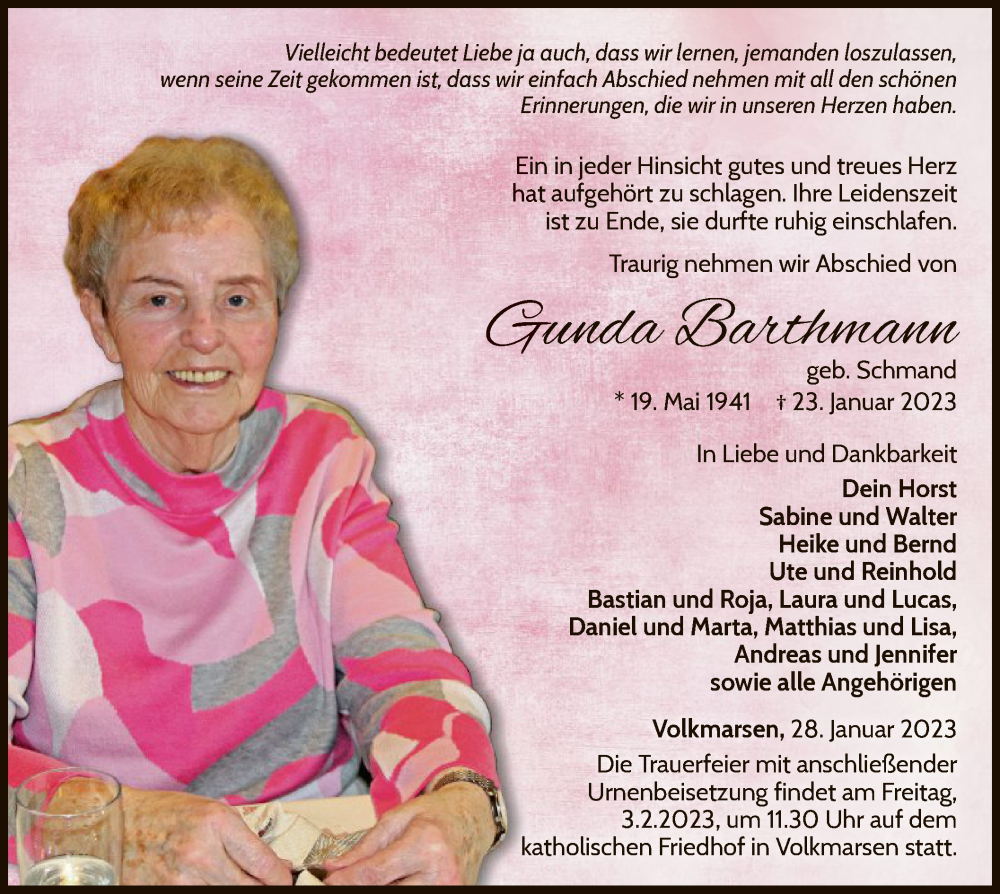  Traueranzeige für Gunda Barthmann vom 28.01.2023 aus WLZ