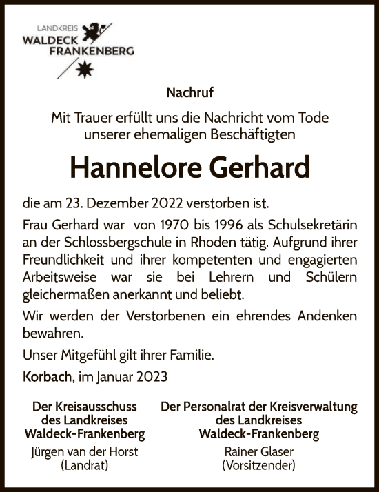 Traueranzeige von Hannelore Gerhard von WLZ