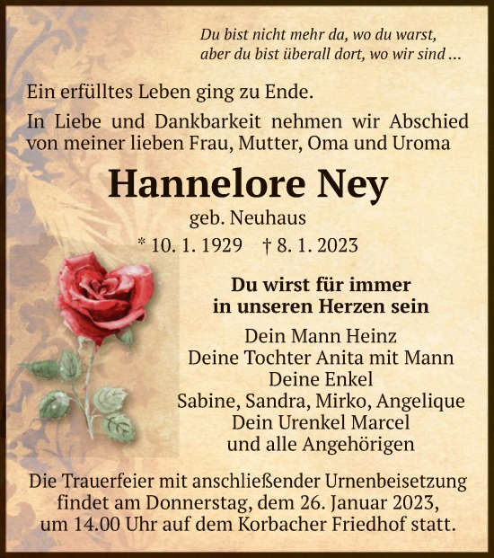 Traueranzeige von Hannelore Ney von WLZ