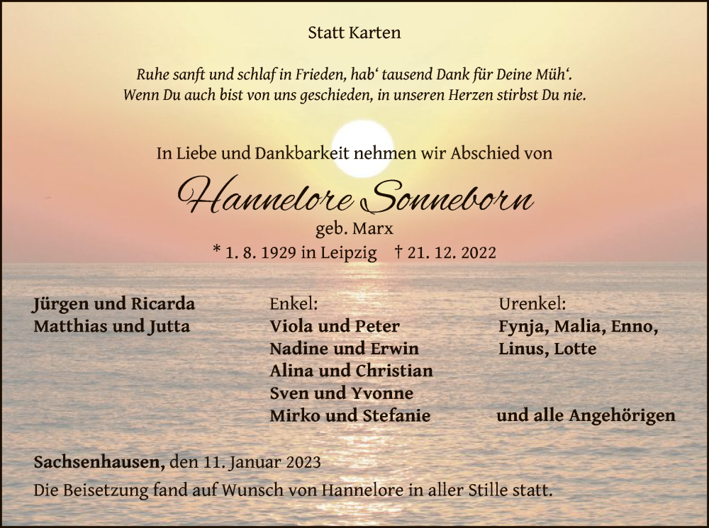  Traueranzeige für Hannelore Sonneborn vom 11.01.2023 aus WLZ