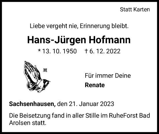 Traueranzeige von Hans-Jürgen Hofmann von WLZ