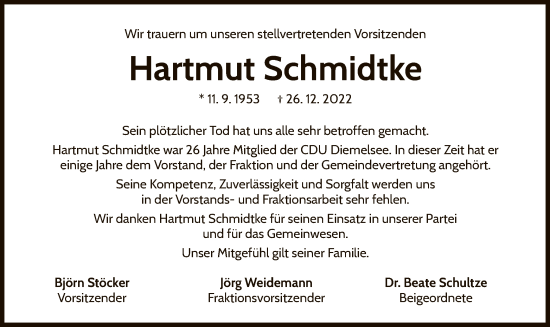 Traueranzeige von Hartmut Schmidtke von WLZ