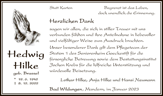 Traueranzeige von Hedwig Hilke von WLZ