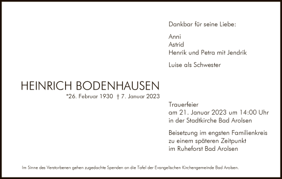 Traueranzeige von Heinrich Bodenhausen von WLZ
