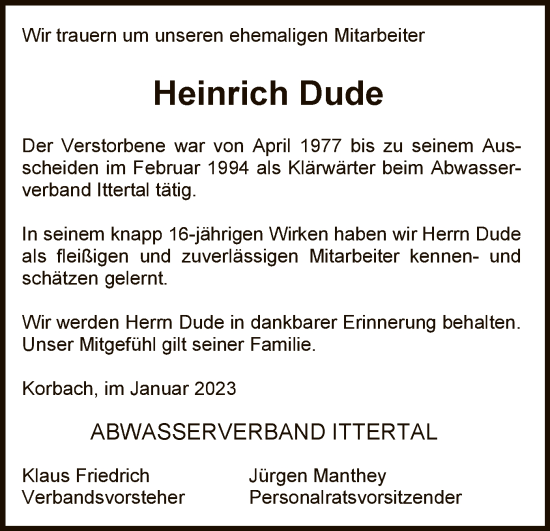 Traueranzeige von Heinrich Dude von WLZ