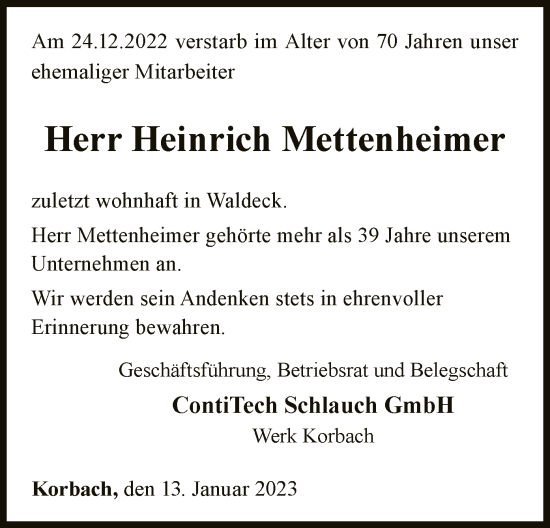 Traueranzeige von Heinrich Mettenheimer von WLZ