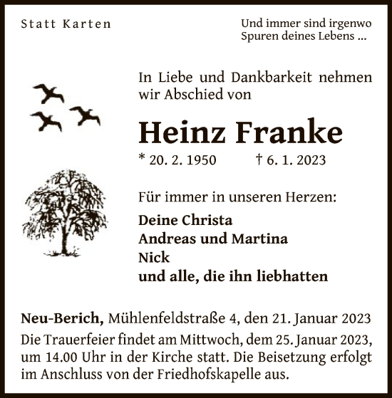 Traueranzeige von Heinz Franke von WLZ