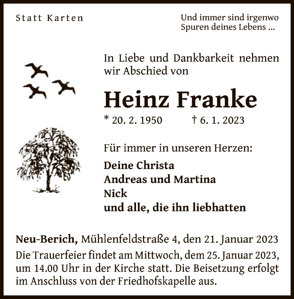  Traueranzeige für Heinz Franke vom 21.01.2023 aus WLZ