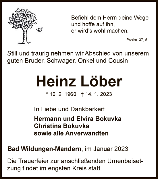 Traueranzeige von Heinz Löber von WLZ