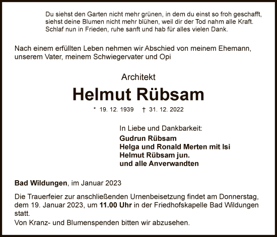 Traueranzeige von Helmut Rübsam von WLZ