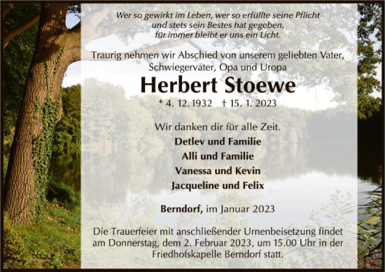 Traueranzeige von Herbert Stoewe von WLZ