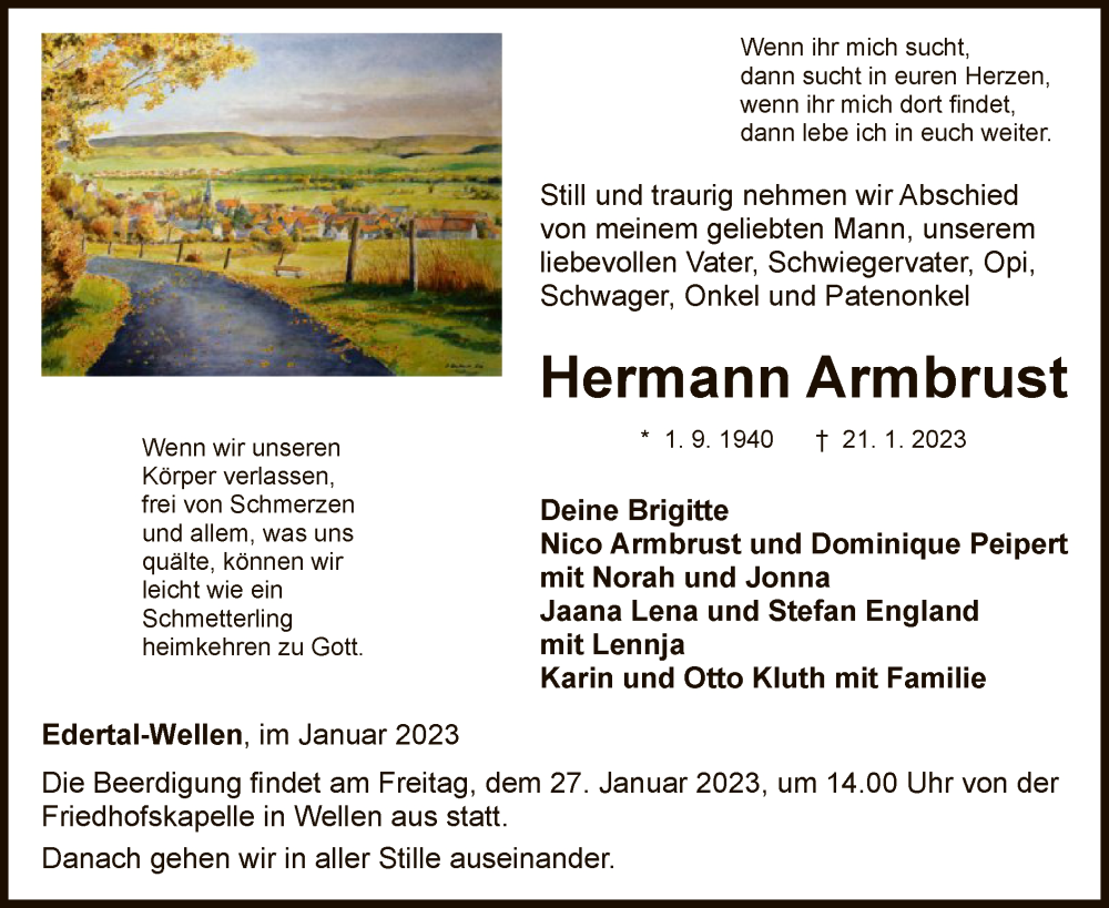  Traueranzeige für Hermann Armbrust vom 24.01.2023 aus WLZ