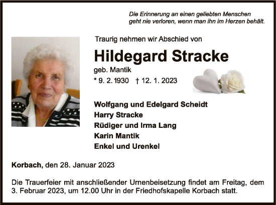 Traueranzeige von Hildegard Stracke von WLZ