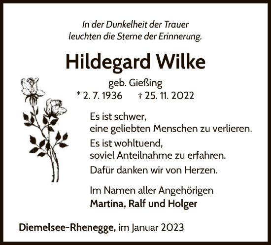 Traueranzeige von Hildegard Wilke von WLZ