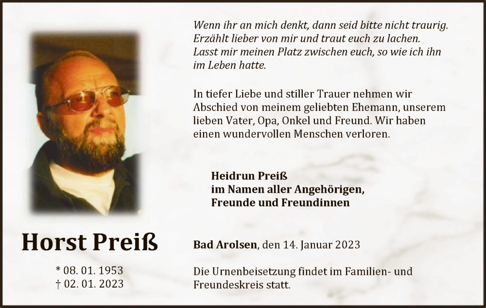  Traueranzeige für Horst Preiß vom 14.01.2023 aus WLZ